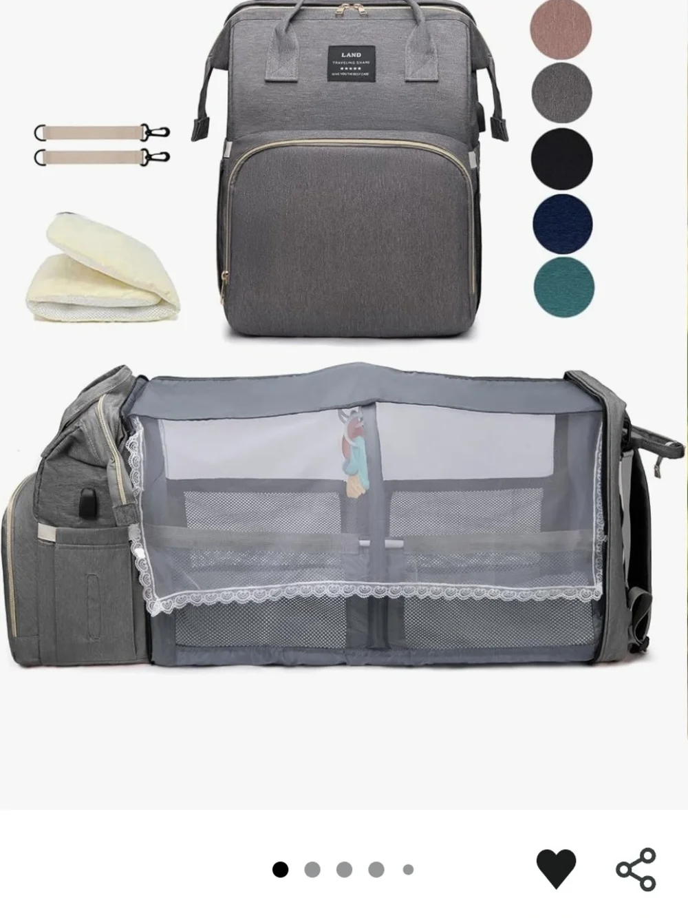 NWT Grey Convertible Diaper Bag & Portable Baby Bassinet